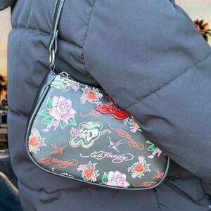 Ed Hardy Tattoo Print Shoulder Bag Black Faux Leather Y2K Baguette Skull Rose